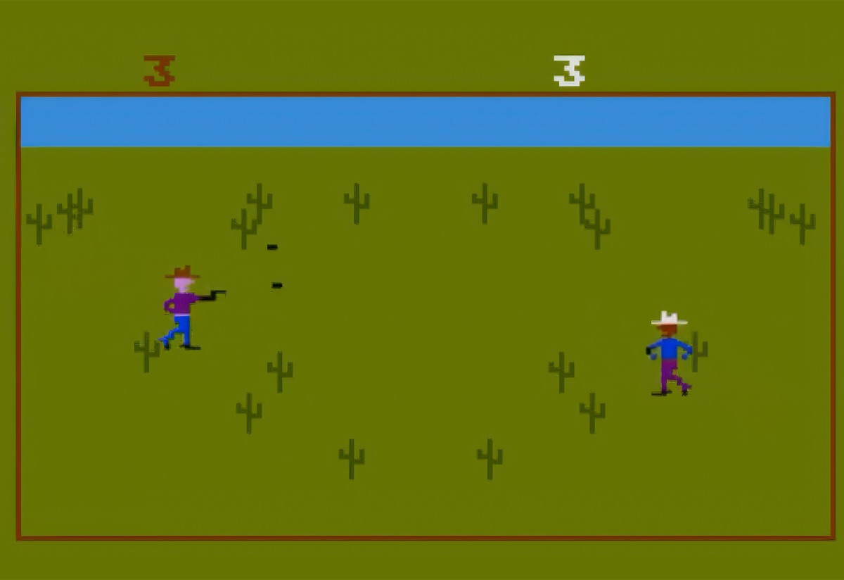 Two blocky cowboys facing each other across a green field dotted with cacti, one of them firing